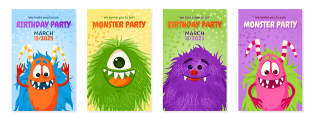 Birthday invitation card set with funny cute monsters. - obrazy, fototapety, plakaty