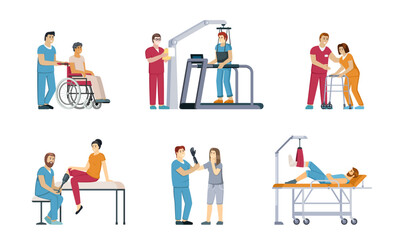 rehabilitation. orthopedic clinic for disabled people rehabilitation therapy exercises physical activity. Vector cartoon peoples