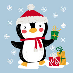 Illustration of a penguin wearing a Santa Claus hat with a gift in his hand and two snowflakes on the ground and in the background
