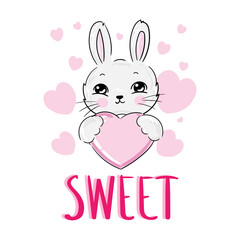 Hand Drawn Cute Bunny with text Sweet and pink hearts, Rabbit vector illustration.