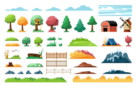 Landscape constructor. rural houses trees bushes mountains wooden fence. Vector landscape creation kit