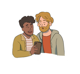 Two men watch a smarthphone , concept illustration , internet , social network , web and app design and development