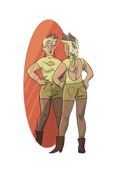 A woman looks in the mirror.