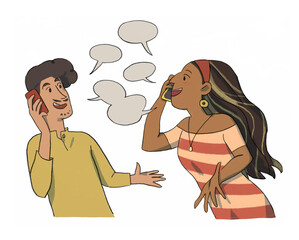 A woman and a man are talking on the phone , illustrations , drawing , hand drawing , men and women talking online, social network