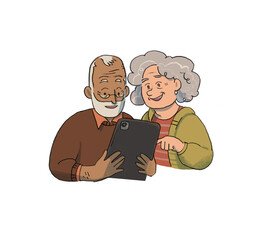 Two seniors with a tablet , elders , technology , senior couple , two aged persons