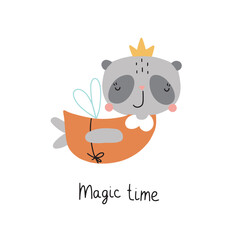Vector cute card with smiling panda. Illustration with funny cartoon character with handwritten quote: Magic time.
