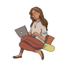 A woman with a computer, freelance , freelancer , freelance women , woman with laptop , drawing, hand drawing , fashion , lifestyle