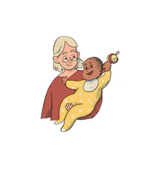 A woman with a child in her arms.
