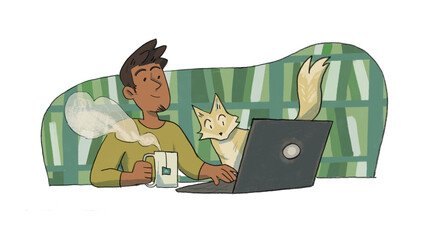 A man teleworks with his cat and a cup of tea , work from home concept , Boy works at a computer at his workplace , drawing , pencil drawing , freelance , freelance man , work with pet