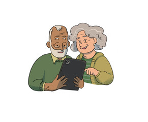 Two seniors with a tablet , elders , technology , senior couple , two aged persons