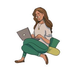 A woman with a computer, freelance , freelancer , freelance women , woman with laptop , drawing, hand drawing , fashion , lifestyle