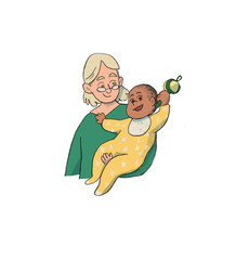 A woman with a child in her arms.