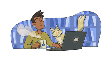 A man teleworks with his cat and a cup of tea , work from home concept , Boy works at a computer at his workplace , drawing , pencil drawing , freelance , freelance man , work with pet