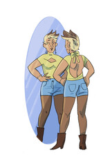 A woman looks in the mirror.