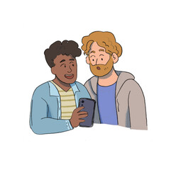 Two men watch a smarthphone , concept illustration , internet , social network , web and app design and development