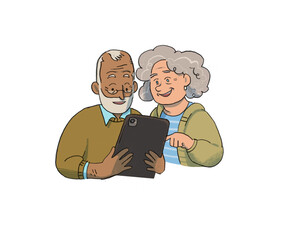 Two seniors with a tablet , elders , technology , senior couple , two aged persons