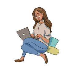A woman with a computer, freelance , freelancer , freelance women , woman with laptop , drawing, hand drawing , fashion , lifestyle