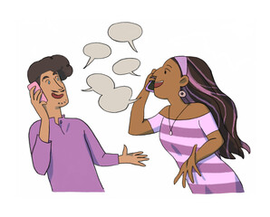 A woman and a man are talking on the phone , illustrations , drawing , hand drawing , men and women talking online, social network