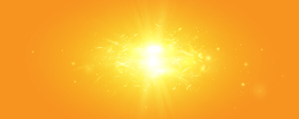 Warm sun on a yellow background. sun rays.Light effect.