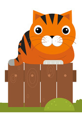 cartoon scene with cat sitting in a farm fence isolated illustration for children