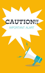 拡声器メガホンから吹き出したアナウンスメッセージが響いている黄色背景のコミック風ベクターイラスト