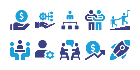 Business icon set. Vector illustration. Containing leadership, organization structure, planning, relationship, loan, meeting, growth, profile, start up