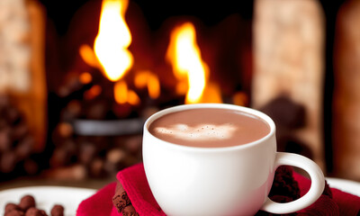 Cup of hot chocolate in a cozy room with fireplace
