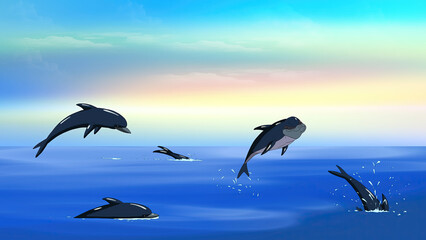 Dolphins in a sea illustration