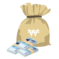 South Korean Won Vector Illustration. South Korea money set bundle banknotes. Money bag 1000 KRW Flat style. Isolated on white background. Simple minimal design.
