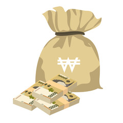 South Korean Won Vector Illustration. South Korea money set bundle banknotes. Money bag 50000 KRW Flat style. Isolated on white background. Simple minimal design.