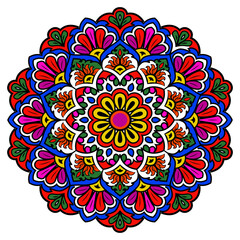 Vector Drawing of a floral mandala in green, pink and blue colors on a white background. Hand drawn tribal vector stock illustration