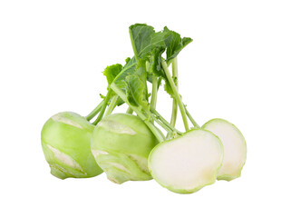 Fresh kohlrabi with green leaves on transparent png