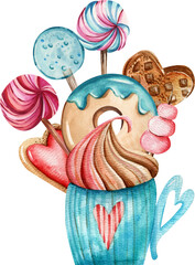 Watercolor illustration on a transparent background. Mug with cocoa, donut, heart-shaped cookies, colorful lollipops, waffles, marshmallows on a white background. Valentine's day, cards, gifts