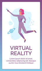 Metaverse digital technology concept. Woman in VR headset glasses and VR suit. Augmented reality world simulation. Template for poster, cover, flyer, invitation, advertising, ui mobile, promo, stories
