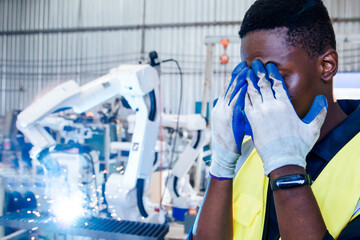 African american male worker staring at glare during steel welding, eye pain irritation tearful...