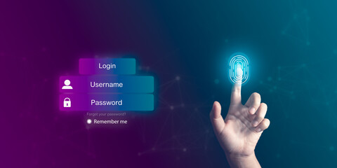 hand toucjing screen futuristic digital processing of biometric identification fingerprint scanner....