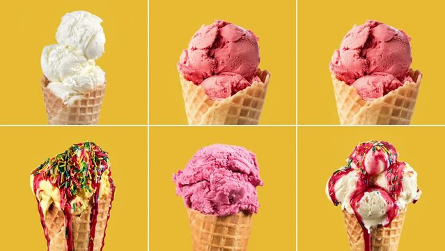 Ice cream of various colors changing at yellow background. Stop motion of six ice creams. Sweet desserts. Food concept. Colorful ice cream. 4K, UHD