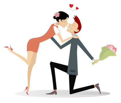 Love couple rendezvous illustration. 
Heart symbols. Young woman kissing a kneeling man with a bunch of flowers
