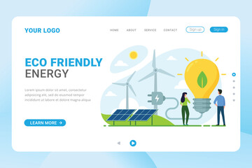 Eco Friendly energy landing page template. Electricity from solar panels and windmills vector illustration - obrazy, fototapety, plakaty