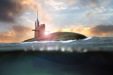 Naval submarine submerged from shallow water at sea - obrazy, fototapety, plakaty