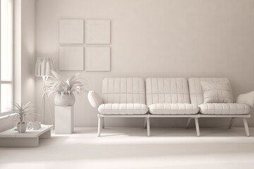 Mock up of minimalist living room in white color with sofa. Scandinavian interior design. 3D illustration