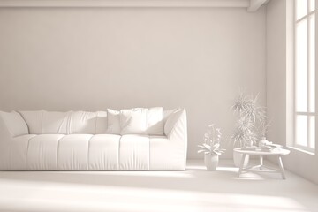 White minimalist living room with sofa. Scandinavian interior design. 3D illustration