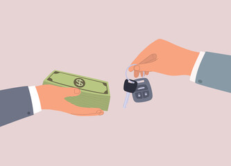Concept Of Cash Buyer For Car. A Businessman’s Hand With A Stack Of Cash Money Dealing With A Car Dealer With Hand Holding A Car Key. Close-Up. Flat Design Style, Character, Cartoon.