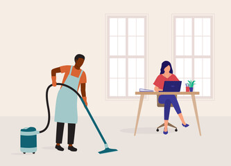 Black Male Janitor With Apron And Glove Vacuuming At The Office With Employee Around The Workplace. Full Length. Flat Design Style, Character, Cartoon.