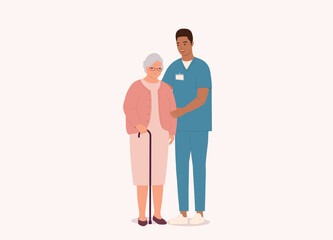 Smiling Black Male Nurse With Medical Scrubs Helping A White Senior Woman. Full Length. Flat Design Style, Character, Cartoon.