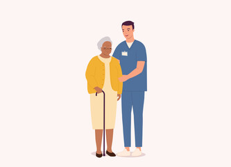 Smiling White Male Nurse With Medical Scrubs Helping A Black Senior Woman. Full Length. Flat Design Style, Character, Cartoon.