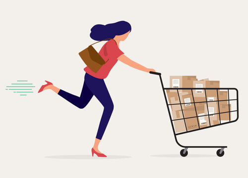 One Young Woman Running Fast While Pushing Shopping Cart Loaded With Delivery Boxes. Full Length. Flat Design Style, Character, Cartoon.