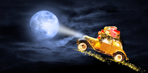 Flying Christmas car with gifts on night background.