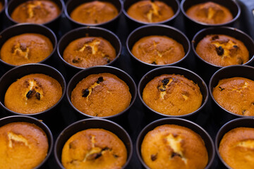 Cupcakes just form oven in cookie cutters. Fresh bakery. Selective focus.