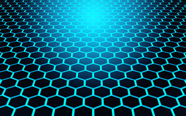 Abstract blue and black color technology background with hexagonal shape and neon light pattern.3D Render illustration.